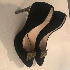 Clarks Black Suede Pumps with Gold Accents